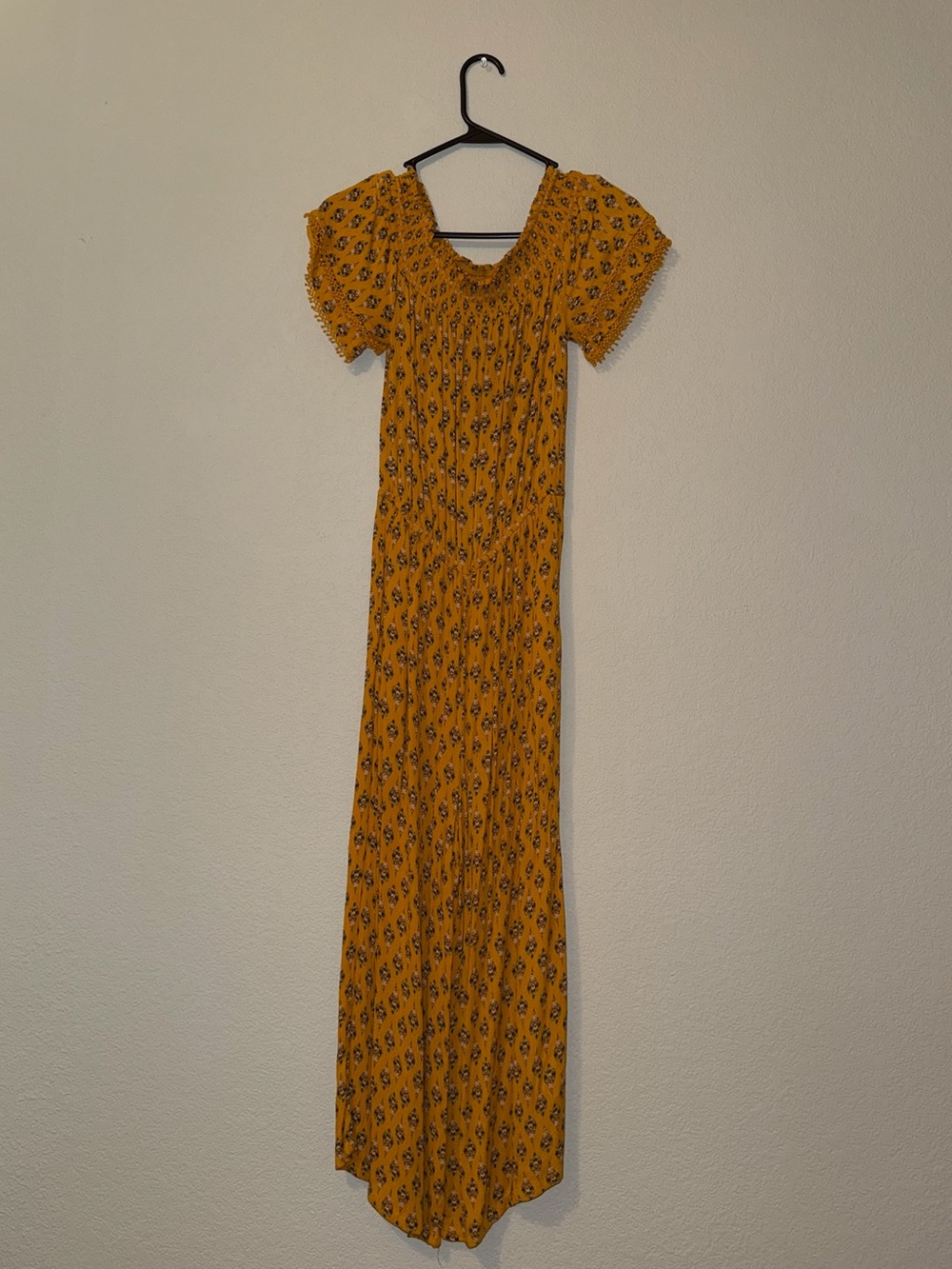 Xhilaration Mustard Yellow Floral Romper with Smocked Top